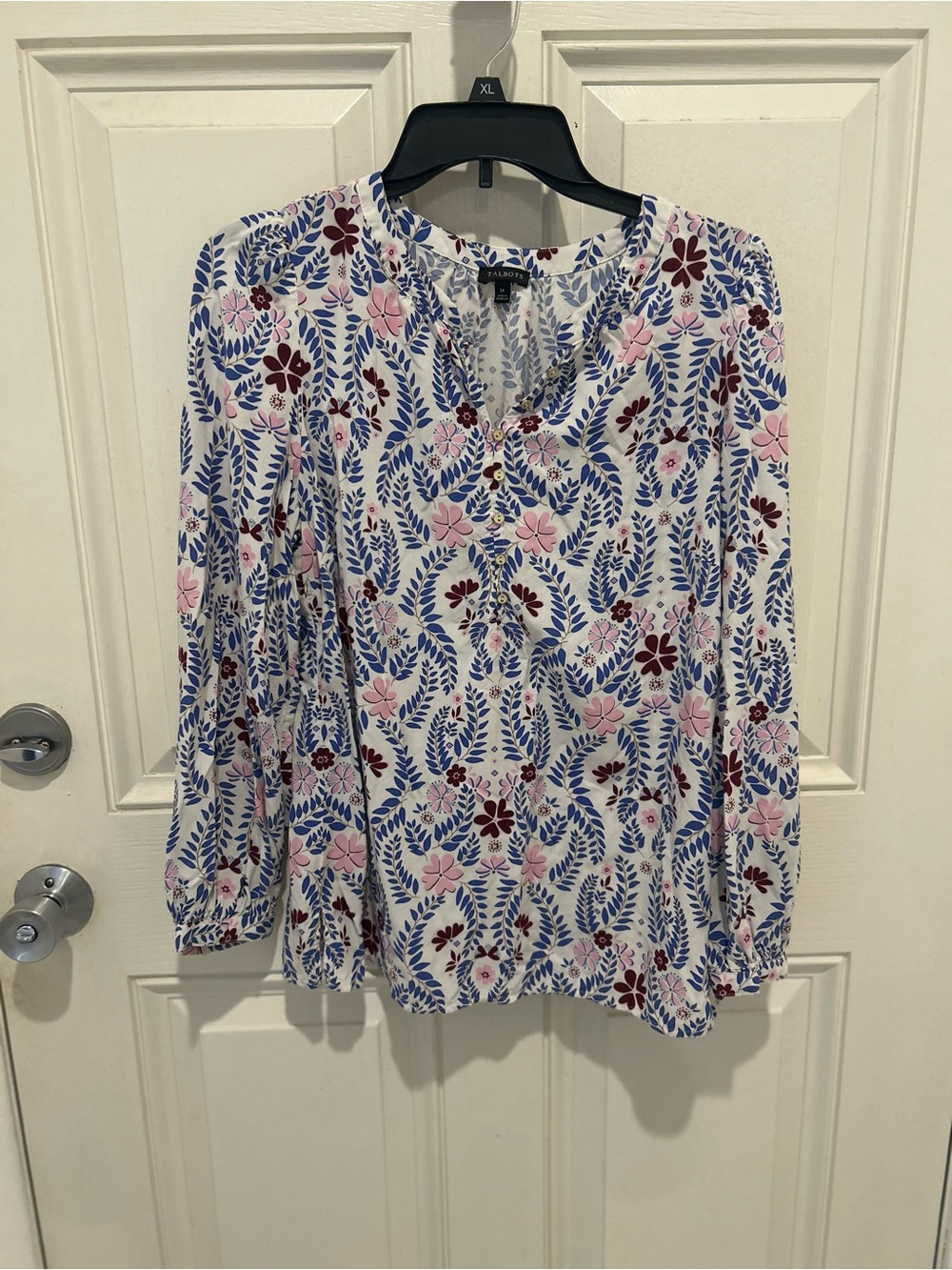 Talbots Blue and Pink Floral Split V-Neck Peasant Blouse - Picture 4 of 7